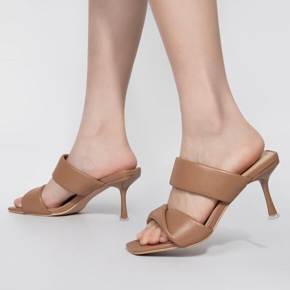 Zelaprox Women's Brown Faux Leather Two Straps Square Open Toe Kitten Heel Shoes - Picture 5 of 6